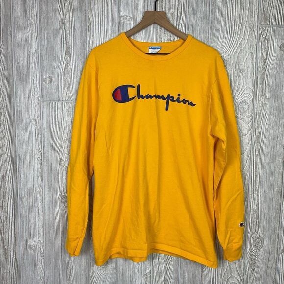 Vintage Champion Men's Size XL Yellow Long Sleeve Classic Logo T-Shirt Crewneck - Picture 3 of 8